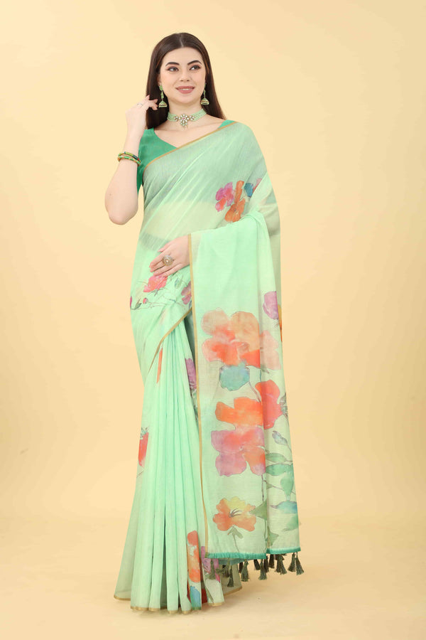 Sea Floral Printed Zari Chanderi Surat Sari