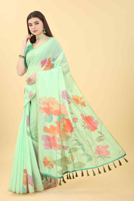 Sea Floral Printed Zari Chanderi Surat Sari