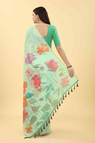 Sea Floral Printed Zari Chanderi Surat Sari