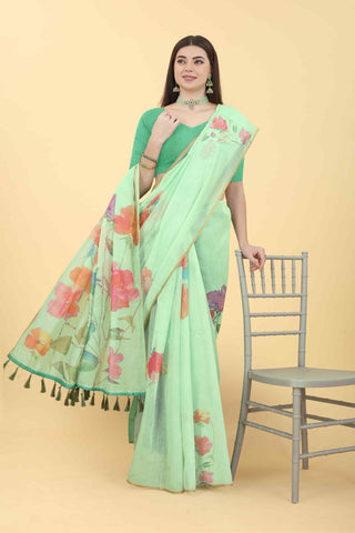 Sea Floral Printed Zari Chanderi Surat Sari