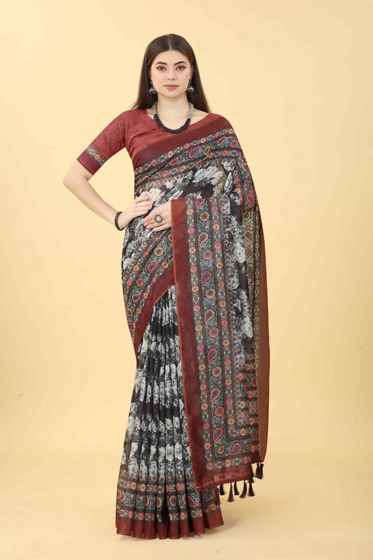 Floral Digital Printed Chanderi Surat Sari With Tassled Border