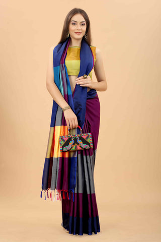 Blue & Maroon Colourblocked Art Silk Uppada Saree