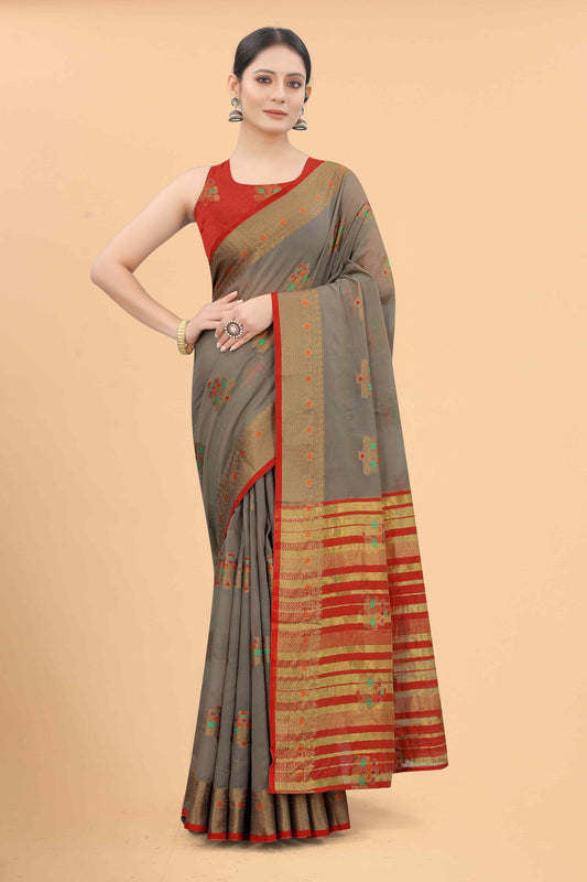 Surat Sari Grey & Red Floral Zari Woven Saree