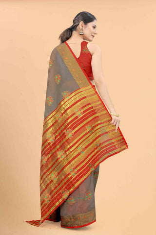 Surat Sari Grey & Red Floral Zari Woven Saree