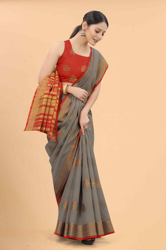 Surat Sari Grey & Red Floral Zari Woven Saree