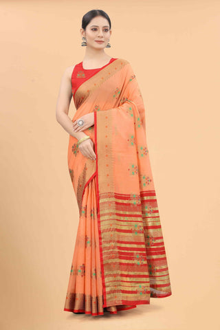 Surat Sari Peach-Coloured & Red Woven Design Zari Fusion Saree