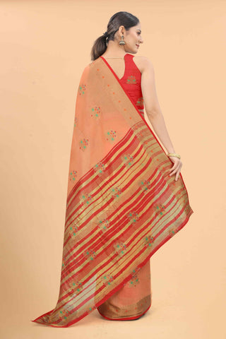 Surat Sari Peach-Coloured & Red Woven Design Zari Fusion Saree