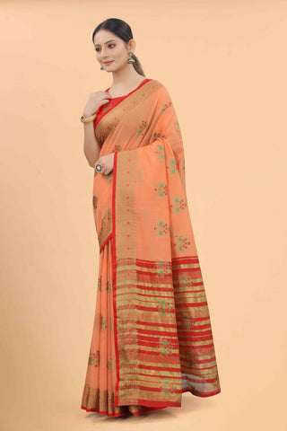 Surat Sari Peach-Coloured & Red Woven Design Zari Fusion Saree