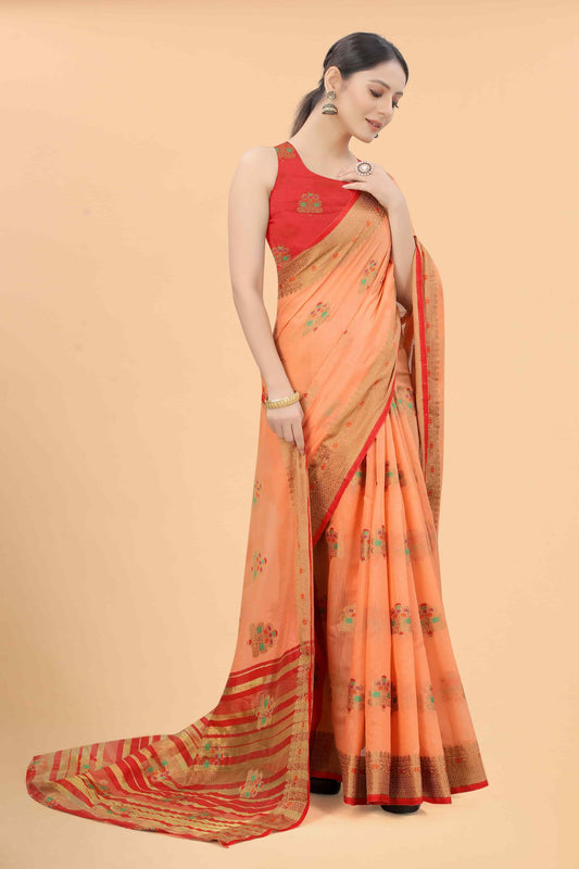 Surat Sari Peach-Coloured & Red Woven Design Zari Fusion Saree