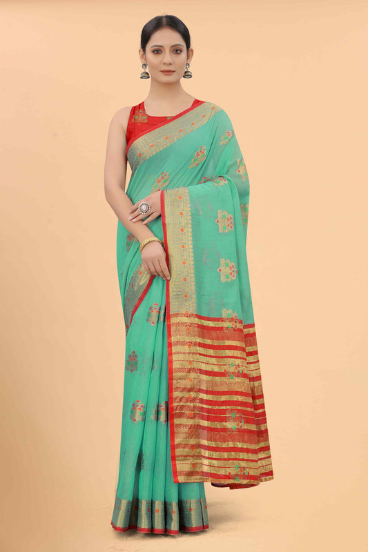 Surat Sari Teal & Red Woven Design Zari Fusion Saree