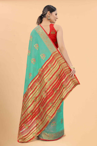 Surat Sari Teal & Red Woven Design Zari Fusion Saree