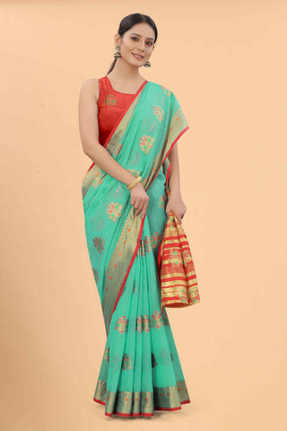 Surat Sari Teal & Red Woven Design Zari Fusion Saree