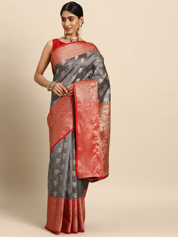 Grey & Red Ethnic Motifs Zari Art Silk Banarasi Saree