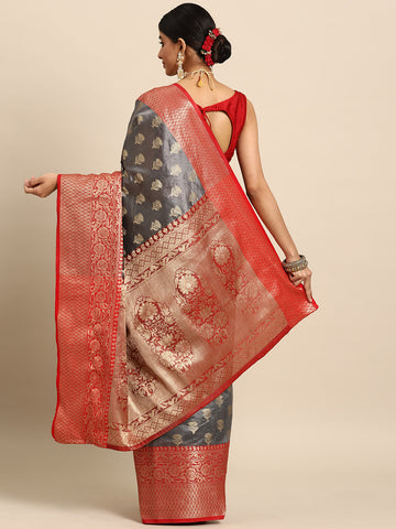 Grey & Red Ethnic Motifs Zari Art Silk Banarasi Saree