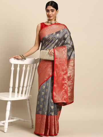 Grey & Red Ethnic Motifs Zari Art Silk Banarasi Saree