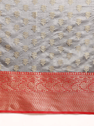 Grey & Red Ethnic Motifs Zari Art Silk Banarasi Saree