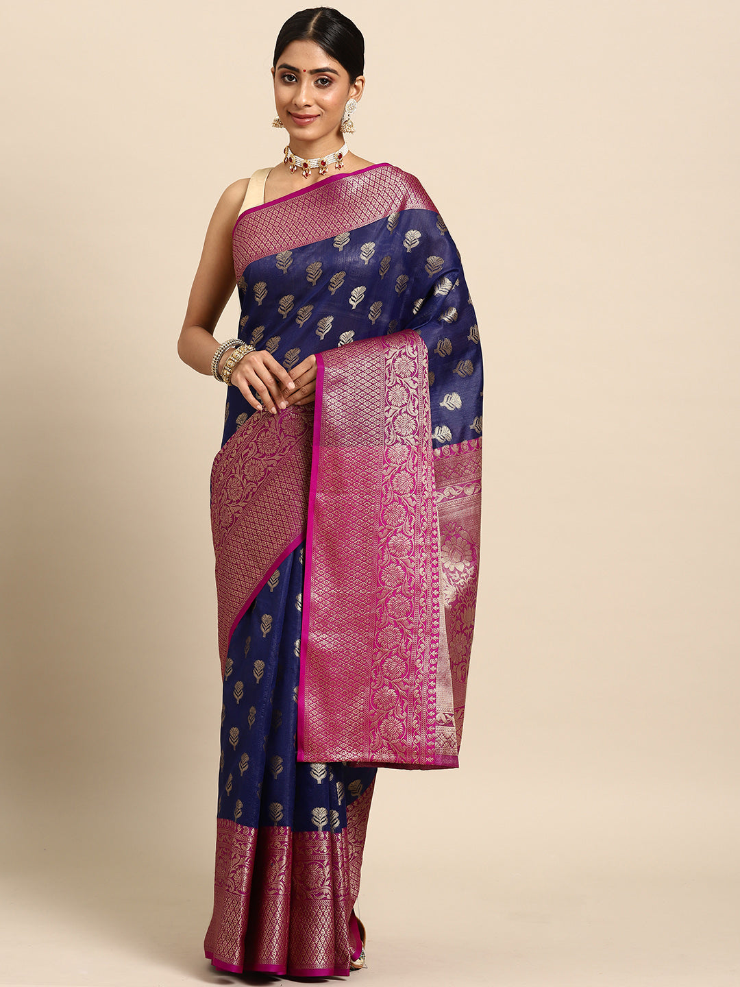 Navy Blue & Purple Ethnic Motifs Zari Art Silk Banarasi Saree