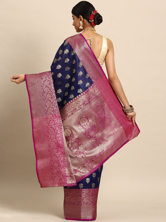 Navy Blue & Purple Ethnic Motifs Zari Art Silk Banarasi Saree