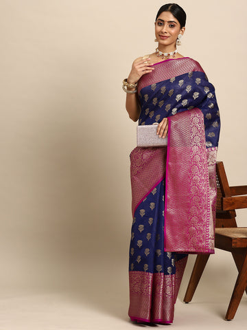 Navy Blue & Purple Ethnic Motifs Zari Art Silk Banarasi Saree