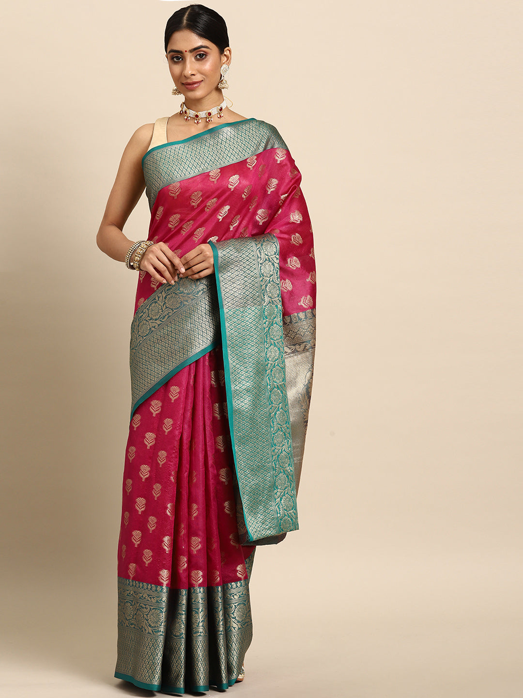 Surat Sari Pink & Teal Ethnic Motifs Zari Art Silk Banarasi Saree