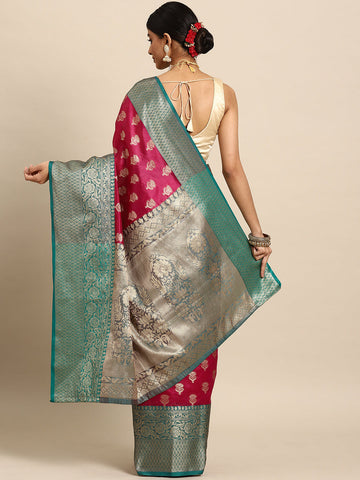 Surat Sari Pink & Teal Ethnic Motifs Zari Art Silk Banarasi Saree