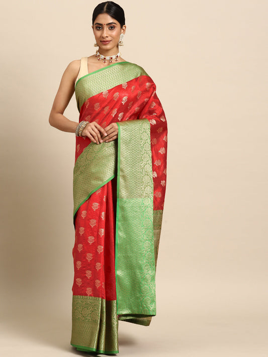 Surat Sari Red & Green Ethnic Motifs Zari Art Silk Banarasi Saree