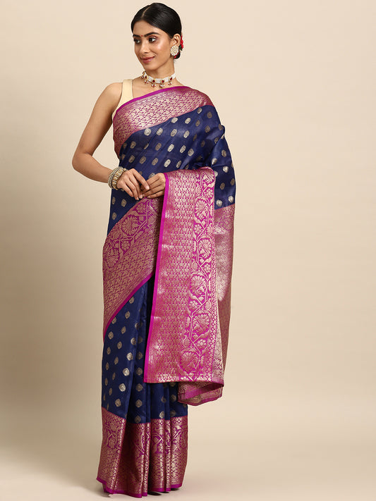 Navy Blue & Purple Ethnic Motifs Zari Art Silk Banarasi Saree