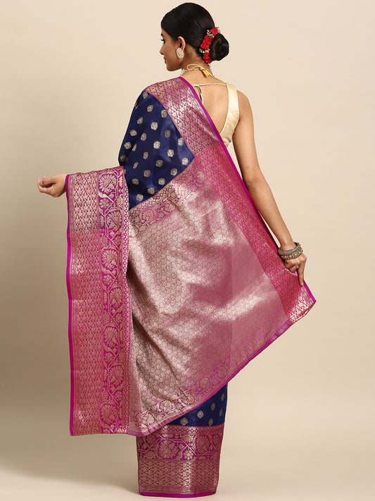 Navy Blue & Purple Ethnic Motifs Zari Art Silk Banarasi Saree