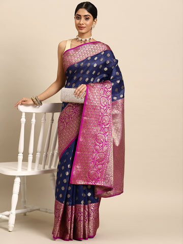 Navy Blue & Purple Ethnic Motifs Zari Art Silk Banarasi Saree