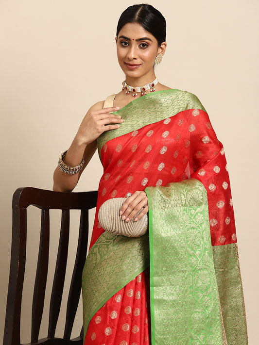 Red & Green Ethnic Motifs Zari Art Silk Banarasi Saree