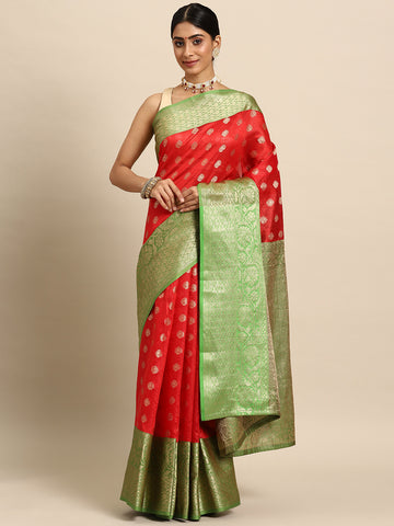 Red & Green Ethnic Motifs Zari Art Silk Banarasi Saree