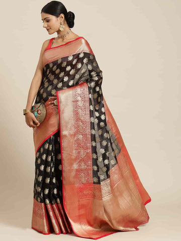 Surat Sari Black & Red Woven Design Zari Kanjeevaram Saree