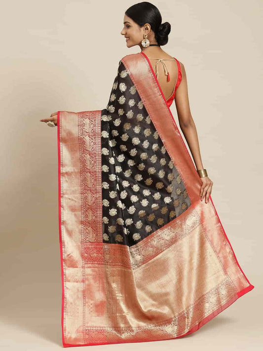 Surat Sari Black & Red Woven Design Zari Kanjeevaram Saree