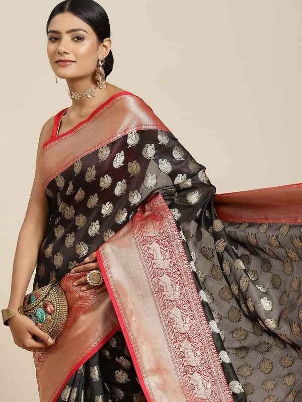 Surat Sari Black & Red Woven Design Zari Kanjeevaram Saree