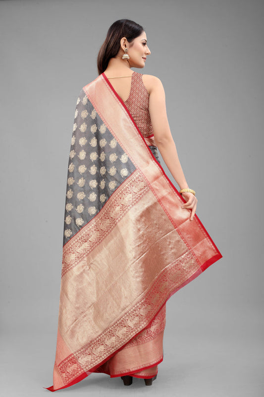 Surat Sari Grey & Red Woven Design Zari Kanjeevaram Saree