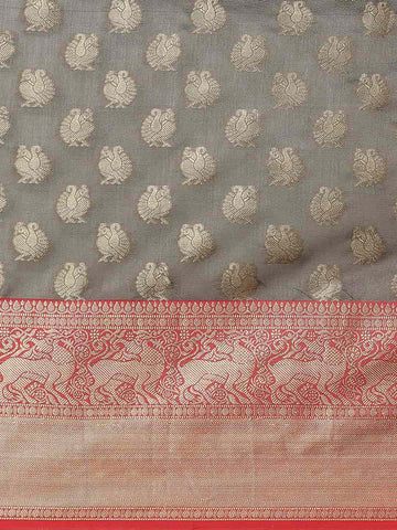 Surat Sari Grey & Red Woven Design Zari Kanjeevaram Saree