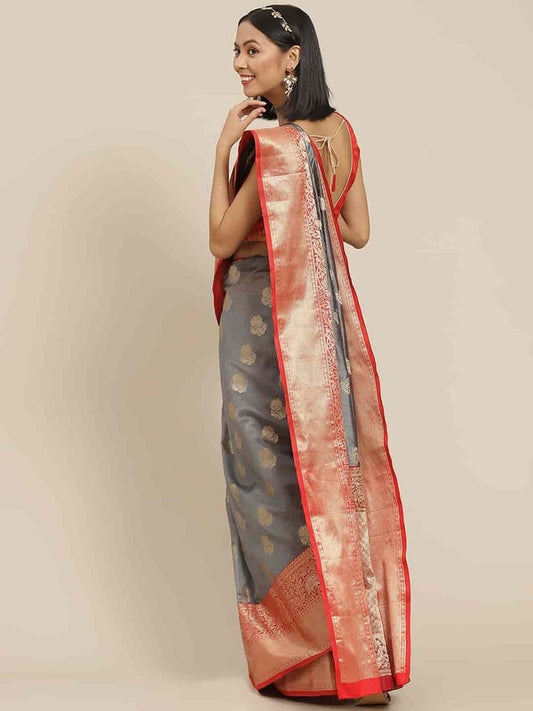 Surat Sari Grey & Red Ethnic Motifs Zari Kanjeevaram Saree