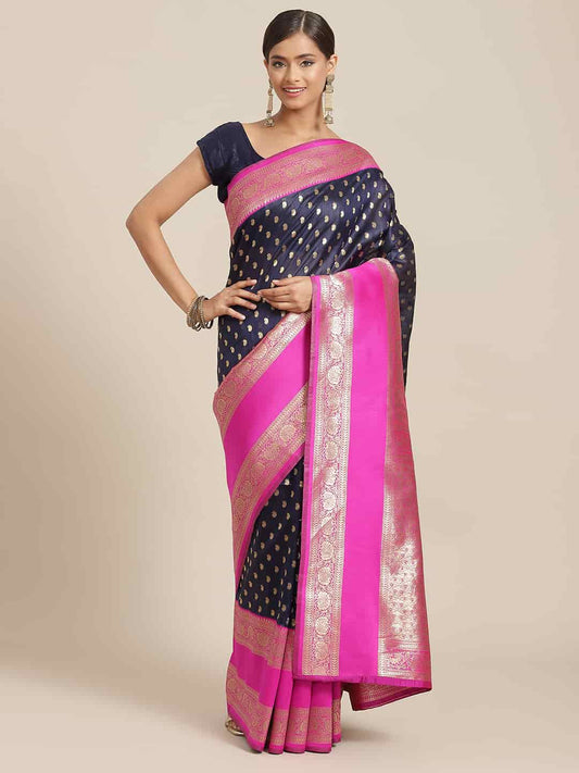 Surat Sari Navy Blue & Pink Ethnic Motifs Zari Art Silk Banarasi Saree