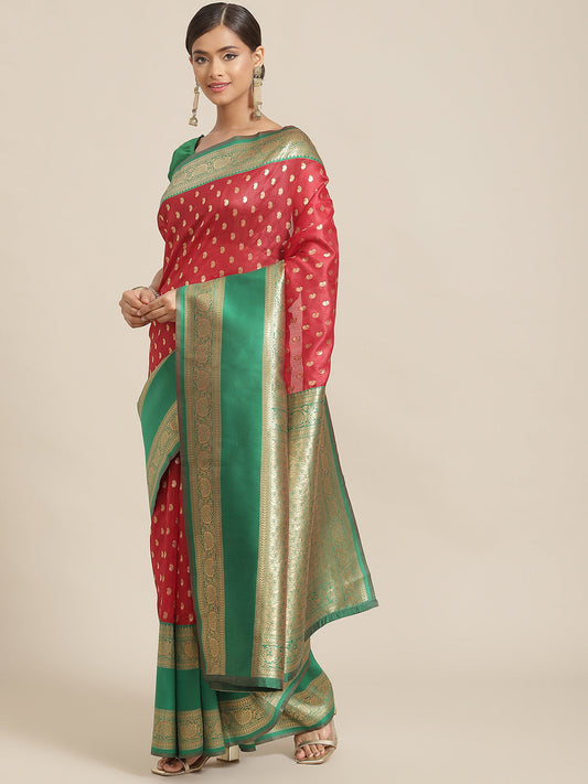 Surat Sari Red & Green Paisley Zari Art Silk Banarasi Saree