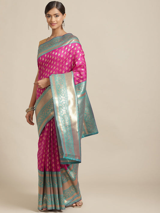 Surat Sari Magenta & Teal Ethnic Motifs Zari Art Silk Banarasi Saree