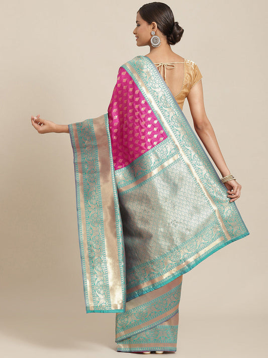 Surat Sari Magenta & Teal Ethnic Motifs Zari Art Silk Banarasi Saree