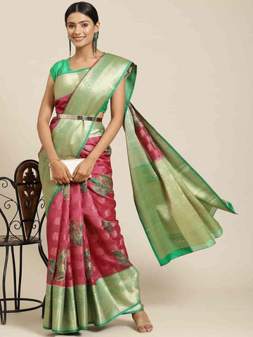 Surat Sari Pink & Green Woven Design Zari Kanjeevaram Saree