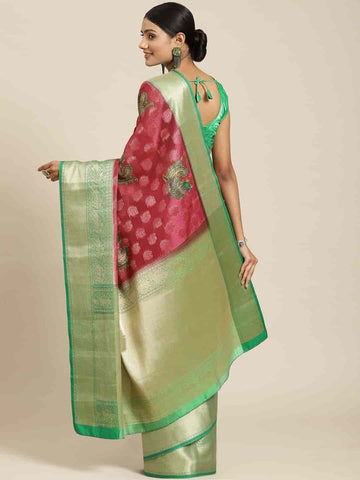 Surat Sari Pink & Green Woven Design Zari Kanjeevaram Saree