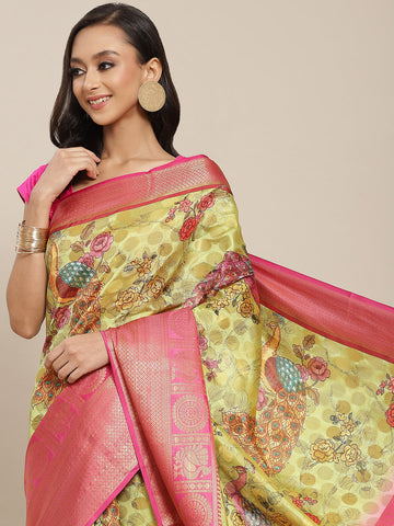 Surat Sari Green & Pink Ethnic Motifs Zari Art Silk Banarasi Saree