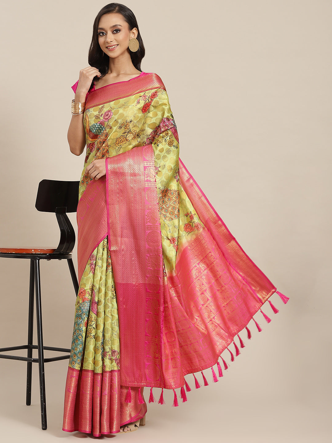 Surat Sari Green & Pink Ethnic Motifs Zari Art Silk Banarasi Saree