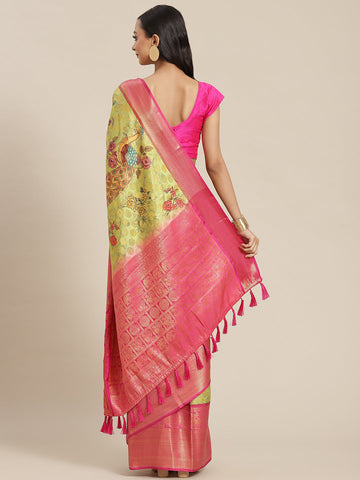 Surat Sari Green & Pink Ethnic Motifs Zari Art Silk Banarasi Saree