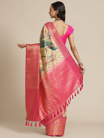 Surat Sari Teal Blue & Pink Ethnic Motifs Zari Art Silk Banarasi Saree