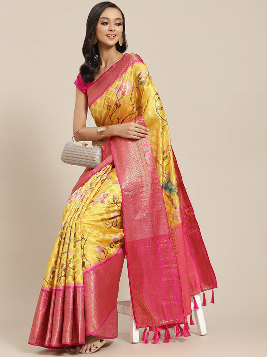 Surat Sari Yellow & Red Ethnic Motifs Zari Art Silk Banarasi Saree