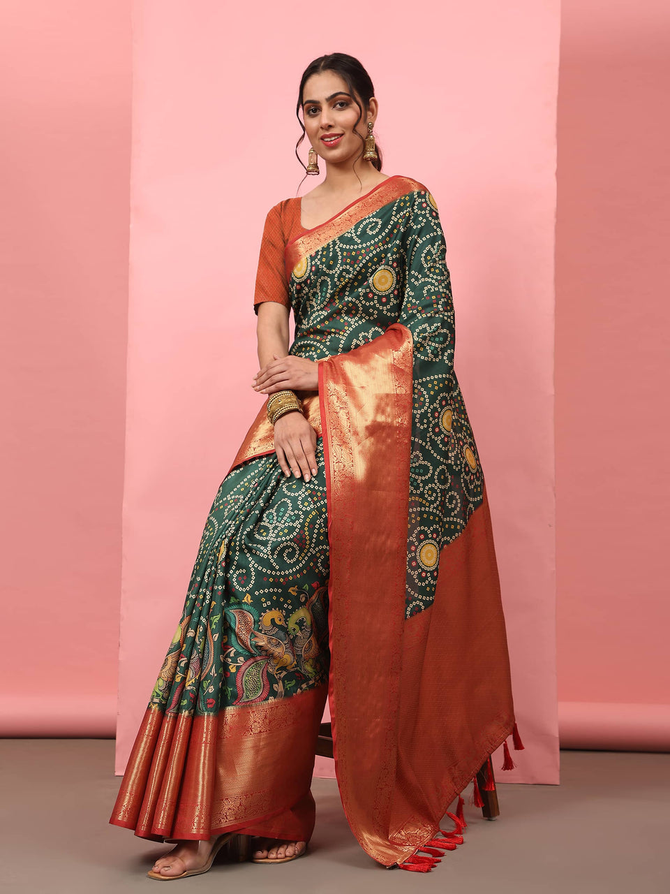 Surat Sari Bandhani Zari Silk Blend Fusion Banarasi Saree