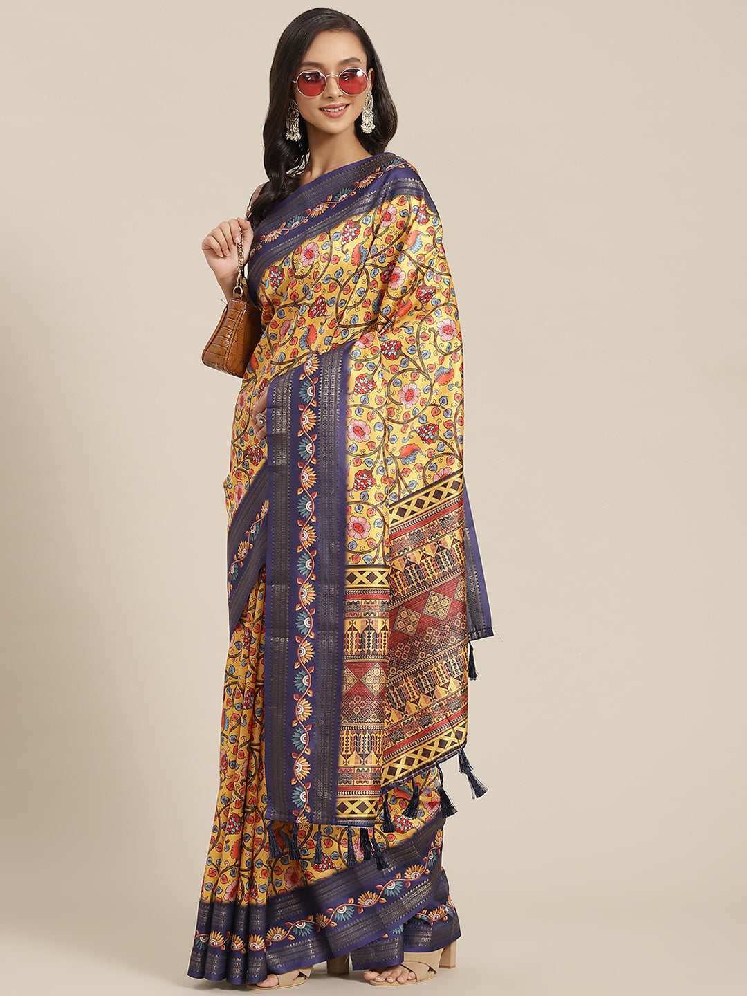 Surat Sari Yellow & Navy Blue Ethnic Motifs Zari Art Silk Banarasi Saree